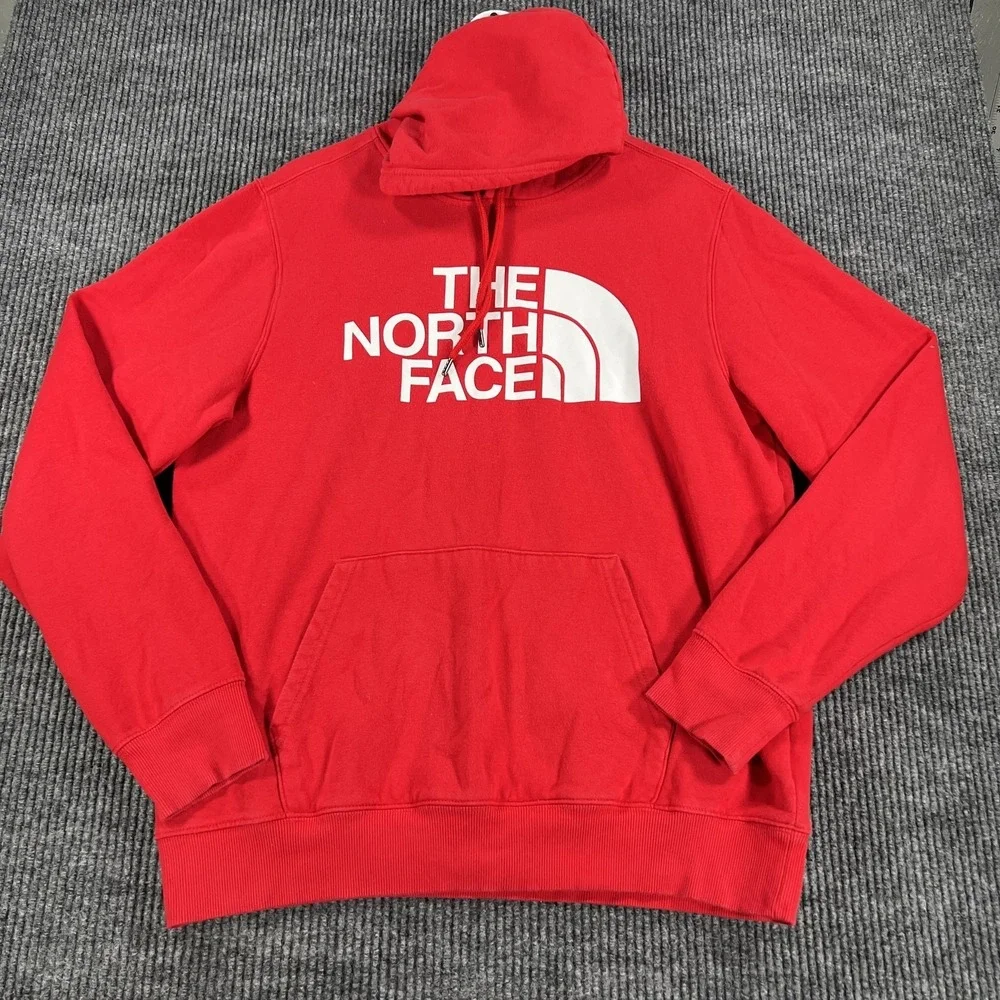 The North Face Hoodie Mens Medium Red‎ Logo Pullover Fleece Sweatshirt Kangaroo